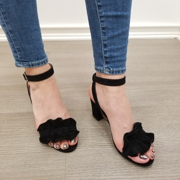 Suede Black Chunky Heel Open Ruffle Toe Sandal-ee - Picture 4 of 8